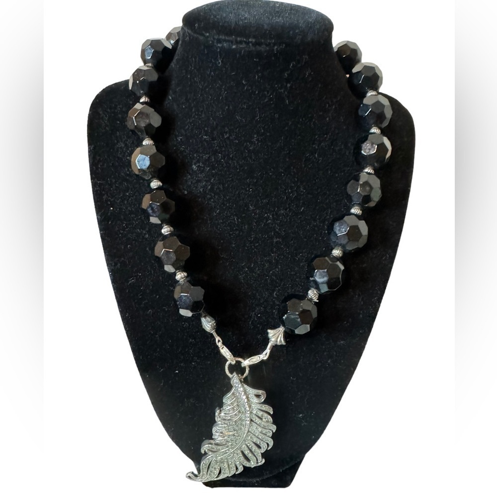 Artisan  chocker with beveled chunky black beads/ leaf pendant with rhinestones